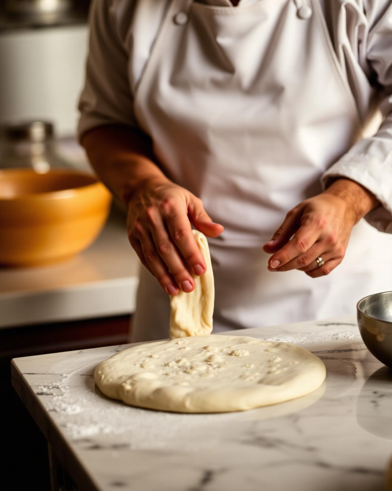 Chef die pizzadeeg met de hand vormt