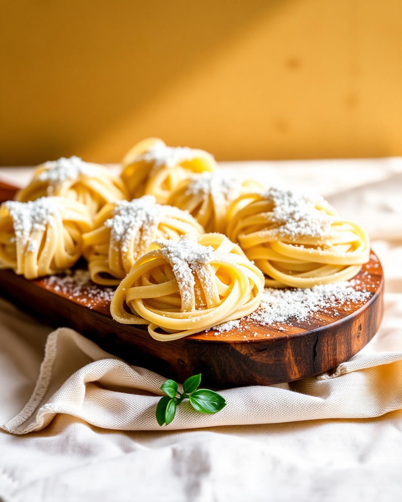 Verse huisgemaakte tagliatelle op een houten plank